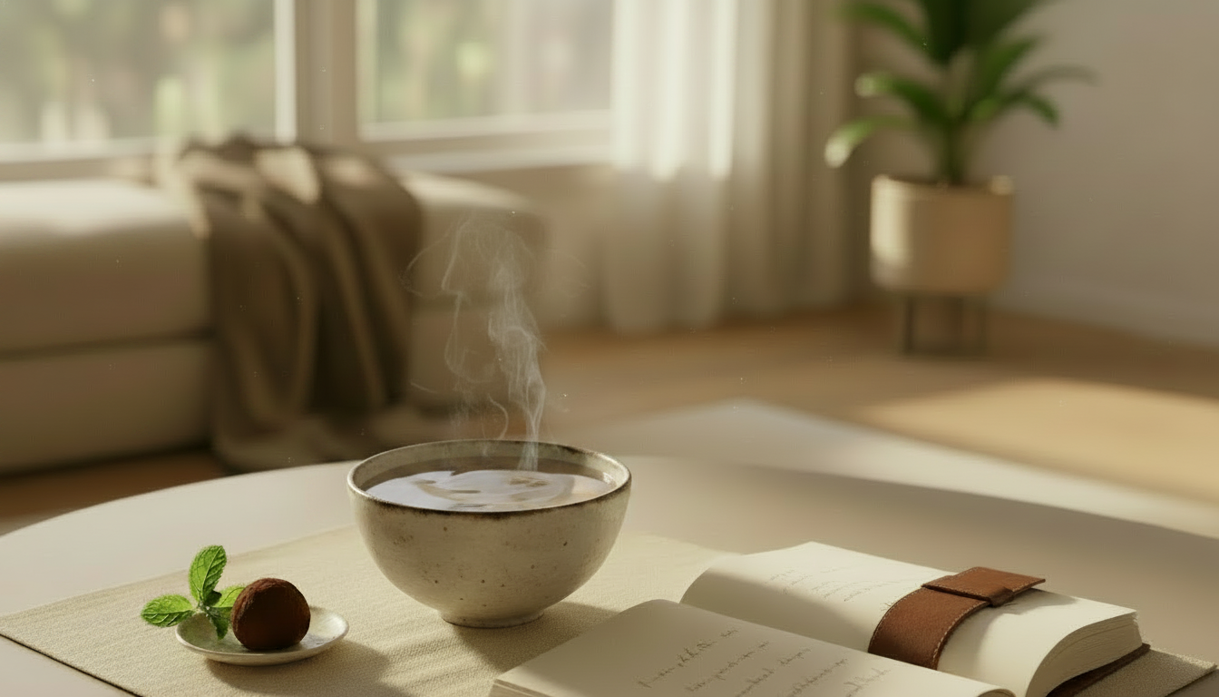 Warm morning stillness — open journal, steaming cup